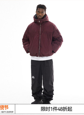 特惠6折起 EMPTY REFERENCE 红色褶皱防风保暖连帽白鸭绒羽绒服