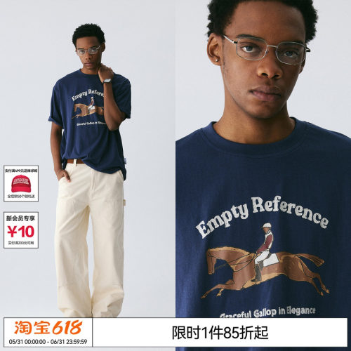 EMPTY REFERENCE 藏青色雪花肌理手绘马术印花上衣短袖T恤打底衫