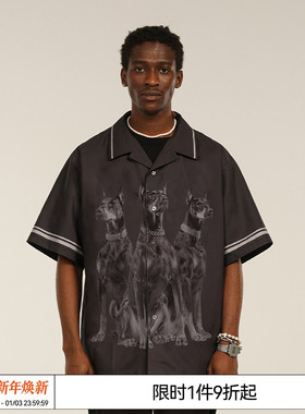 EMPTY REFERENCE 咖色黑色杜宾犬印花短袖衬衫男潮流宽松休闲衬衣