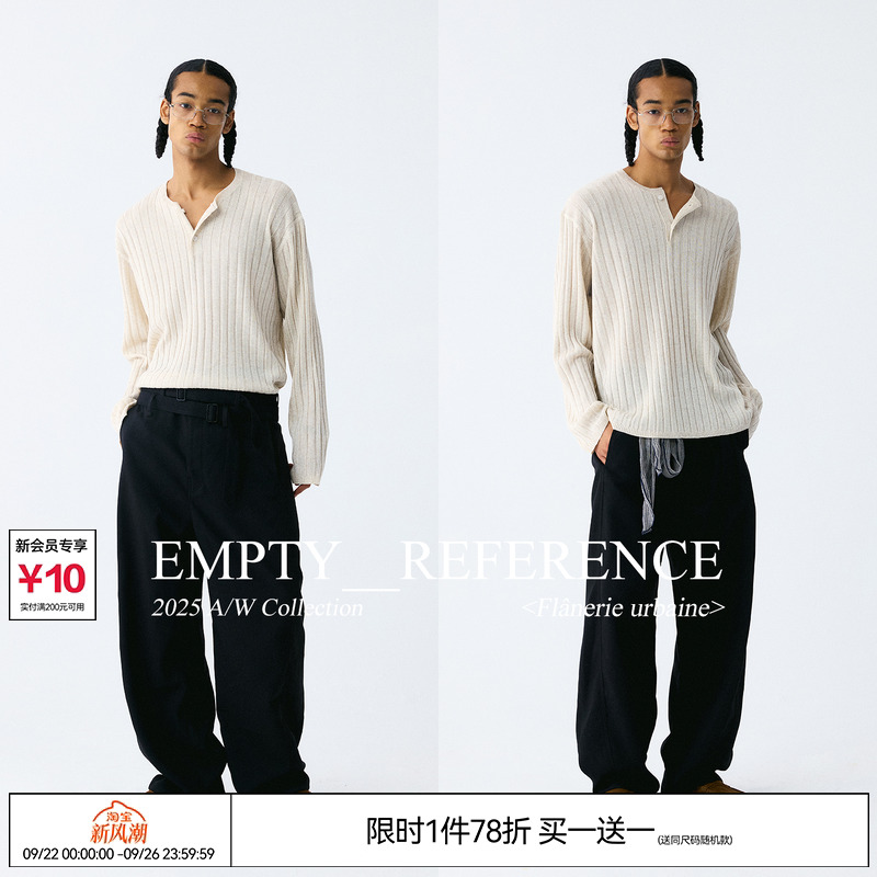 EMPTYREFERENCE亚麻莱赛尔混纺编织暗条纹老钱亨利领针织衫打底衫
