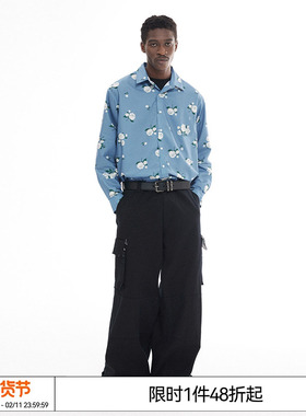 特惠6折起 EMPTY REFERENCE 玫瑰印花蓝色休闲衬衣百搭长袖衬衫