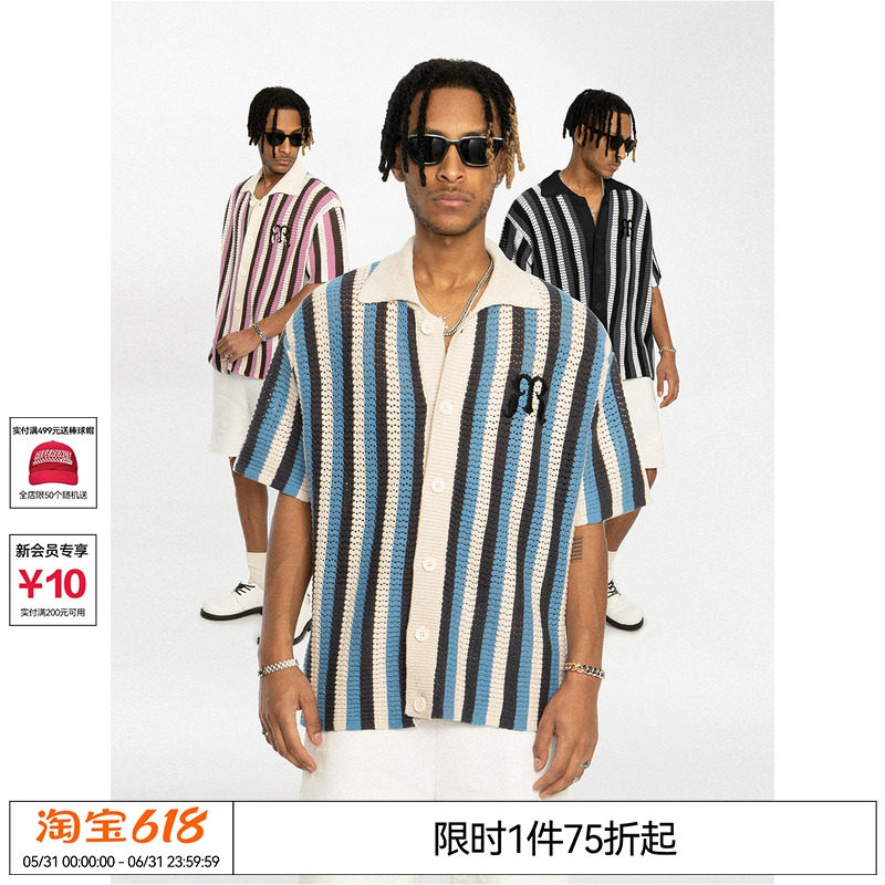 武艺于洋张颜齐EMPTYREFERENCE编织条纹刺绣拼色衬衣方领短袖衬衫