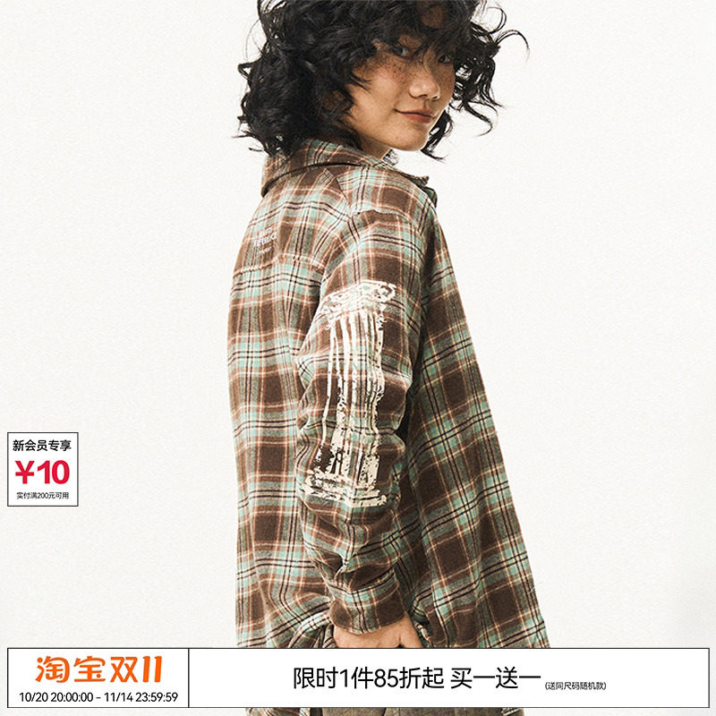 印花长袖衬衫格子衬衣