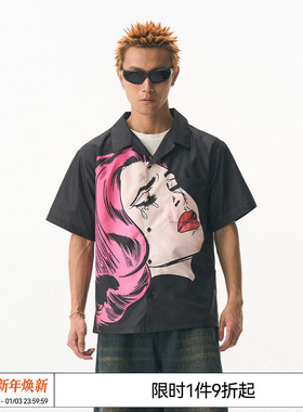 REVERSE IRONY 美式复古原创哭泣女郎图案百搭休闲衬衣短袖衬衫