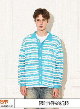 特惠6折起【丁真同款】EMPTY REFERENCE蓝白条纹刺绣针织衫开衫
