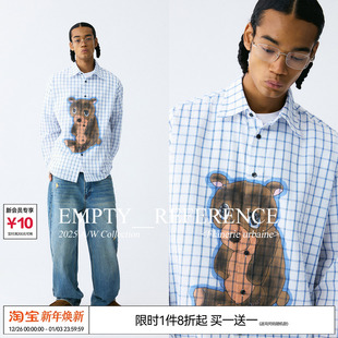 衬衫 悲伤小熊手绘印花起皱格纹尖领衬衣长袖 REFERENCE EMPTY