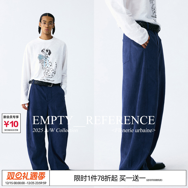 EMPTY REFERENCE藏青色灯芯绒挺括重磅弯刀阔腿休闲长裤香蕉裤