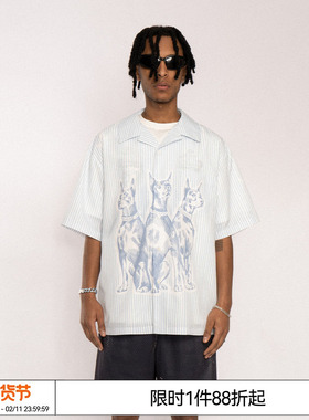 十个勤天 EMPTY REFERENCE 素描杜宾犬蓝色条纹短袖衬衫休闲衬衣