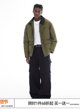 特惠7折 EMPTY REFERENCE 黑色翻领撞色绿色棉衣宽松保暖棉服