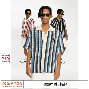 武艺于洋张颜齐EMPTYREFERENCE编织条纹刺绣拼色衬衣方领短袖 衬衫