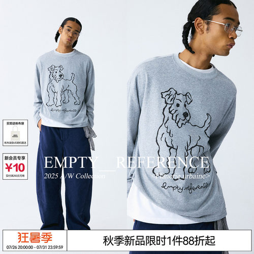 EMPTY REFERENCE 雪花肌理罩衫手绘猎狐梗印花上衣长袖T恤打底衫
