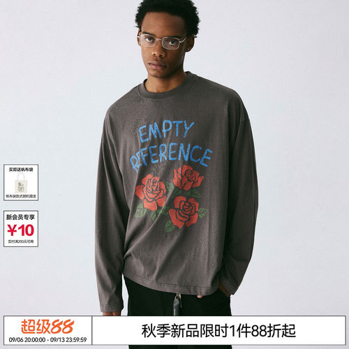 EMPTY REFERENCE 碳灰色手绘斑驳玫瑰印花雪花棉宽松上衣长袖T恤