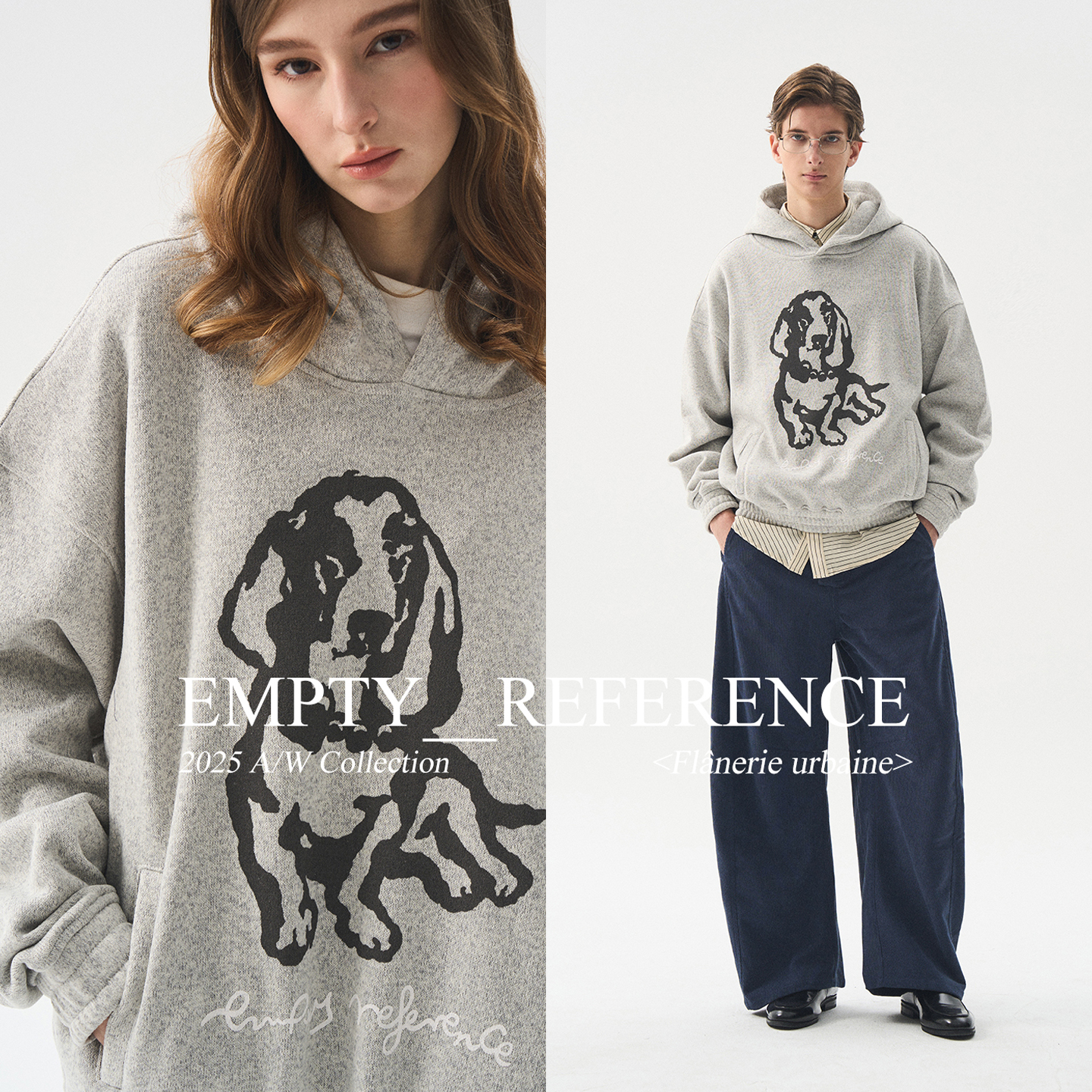 【chammy专属】EMPTY REFERENCE 编织麻灰手绘小狗印花连帽卫衣