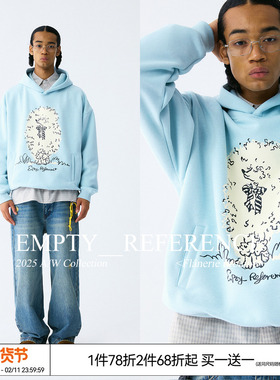 EMPTY REFERENCE 蝴蝶结贵宾犬手绘印花蓝色宽松长袖重磅连帽卫衣