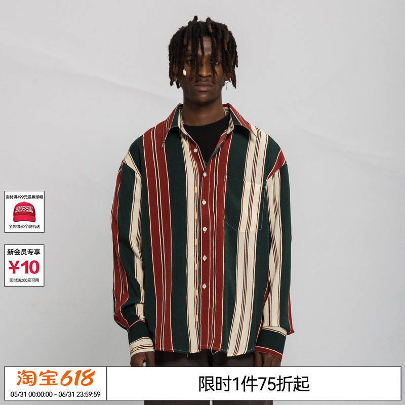 条纹衬衣宽松复古垂坠感尖领国潮