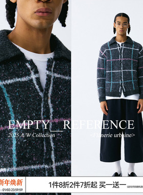 EMPTY REFERENCE 羊毛斑驳质感复古格纹翻领重磅针织毛衣开衫外套