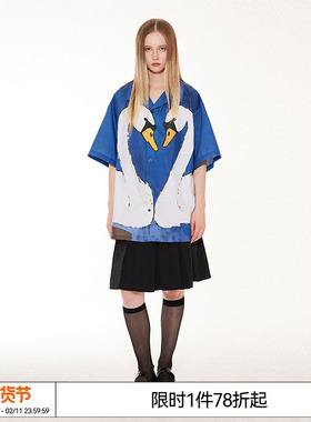 EMPTY REFERENCE美式复古原创撞色手绘卡通天鹅印花短袖衬衫