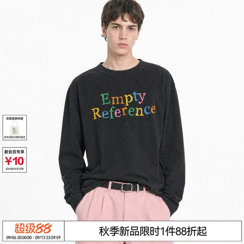 EMPTY REFERENCE黑色彩点纱手绘彩色字母印花复古休闲宽松长袖T恤
