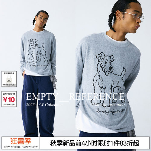 EMPTY REFERENCE 雪花肌理罩衫手绘猎狐梗印花上衣长袖T恤打底衫
