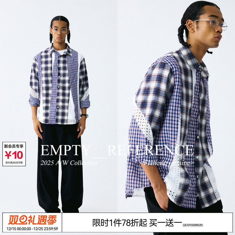 EMPTY REFERENCE结构分割肌理格纹蕾丝拼接宽松衬衣休闲长袖衬衫