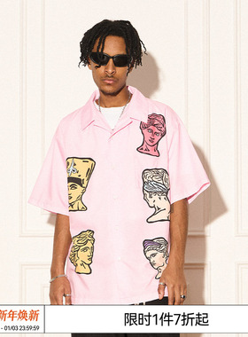 REVERSE IRONY 美式复古罗马雕像手绘印花短袖衬衫古巴领衬衣
