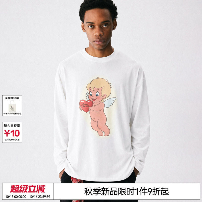 EMPTY REFERENCE纯棉手绘爱心天使印花上衣打底衫休闲长袖T恤男女