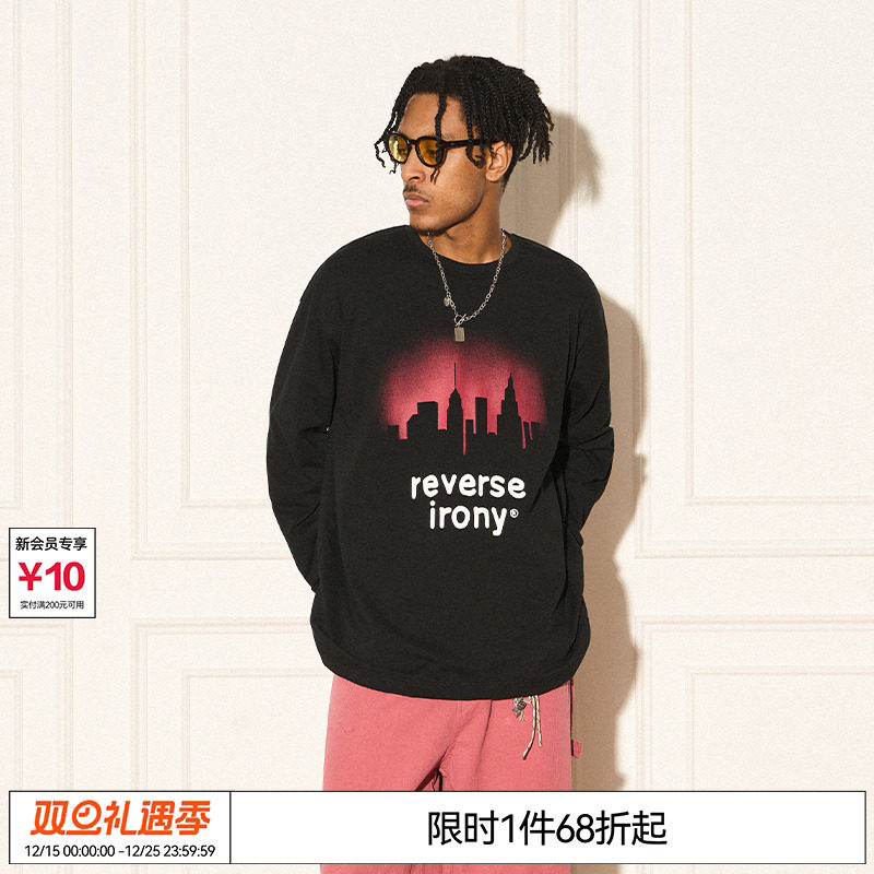 REVERSE IRONY 原创红色城市天际线剪影长袖tee百搭潮流情侣T恤