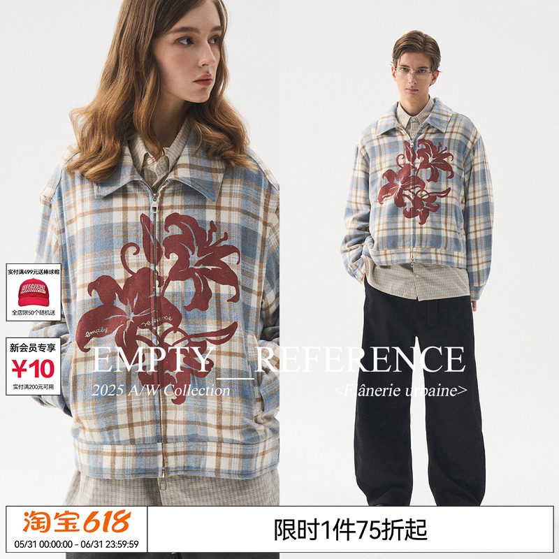 EMPTY REFERENCE 蓝棕格纹毛呢花朵印花宽松休闲拉链翻领夹克外套