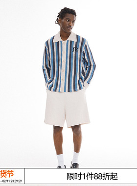 EMPTY REFERENCE 美式复古原创蓝色条纹镂空编制休闲衬衣长袖衬衫