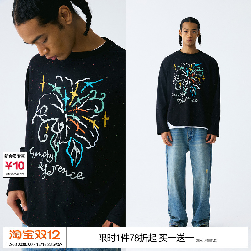 EMPTY REFERENCE缤纷花朵彩色提花圆点手绘印花宽松打底长袖T恤