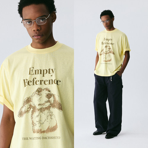 EMPTY REFERENCE奶油黄雪花肌理手绘可卡犬印花打底衫短袖T恤上衣