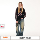 特惠6折起EMPTY REFERENCE原创斑驳玫瑰蕾丝印花撞色拼接连帽卫衣