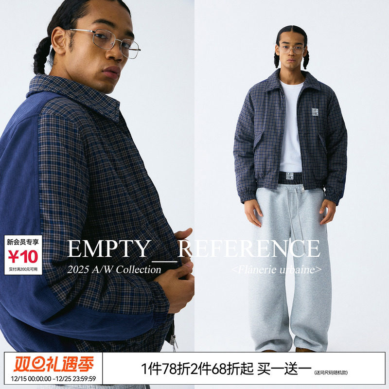 EMPTY REFERENCE 蓝色格纹灯芯绒拼接复古短款夹克棉服宽松厚外套