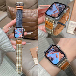适用苹果手表s10代iwatch水洗牛仔拼格纹帆布表带applewatch987se