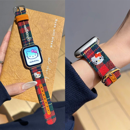 适用iwatch格纹刺绣KT猫毛呢表带