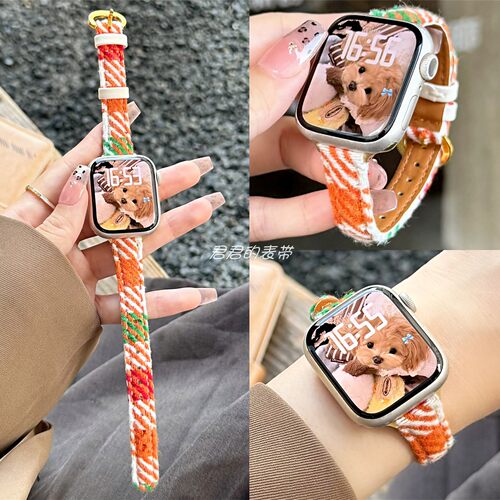 适用iwatch秋冬细款格子毛呢表带