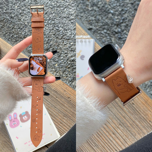适用iwatch可爱猫狗油蜡皮表带