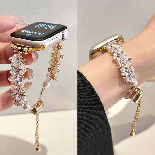 适用iwatch锆石星星珍珠手链表带