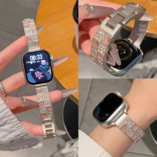 适用iwatch轻奢彩钻金属手镯表带