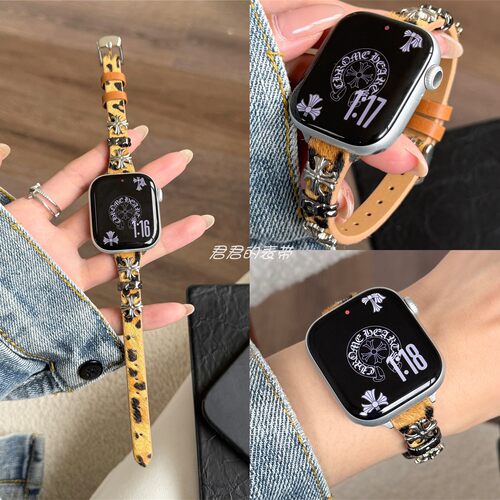 适用iwatch细款十字架豹纹皮表带