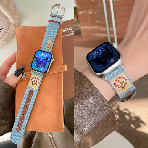 适用iwatch美式牛仔拼皮表带