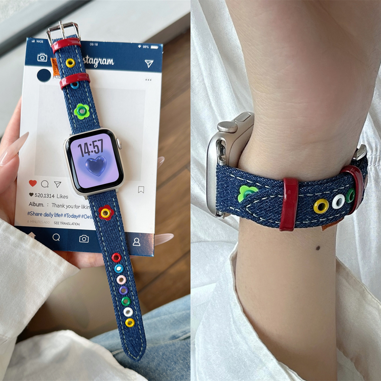 适用iwatch多巴胺牛仔花花表带