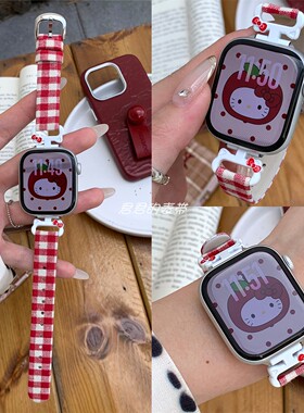 适用苹果手表s11代iwatch可爱KT猫金属拼格子帆布表带applewatch9