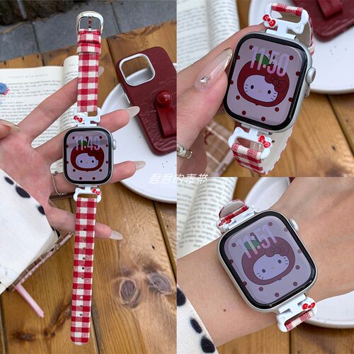 适用iwatch可爱KT猫格子帆布表带