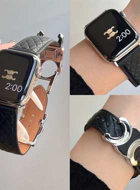 适用苹果手表s11代iwatch双C菱格真皮磁吸扣表带applewatch9876se