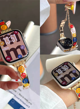 适用苹果手表s11代iwatch创意细款M豆金属手镯表带applewatch98se