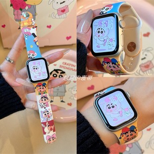 适用苹果手表s11代iwatch可爱彩色蜡笔小新硅胶表带applewatch9se