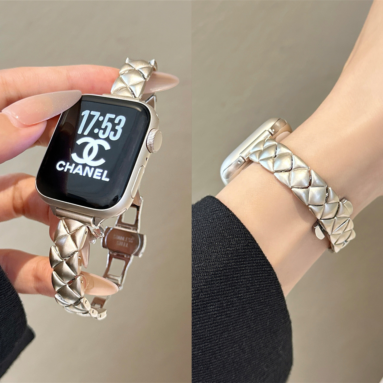 适用苹果手表s10代iwatch轻奢细款菱纹金属链式表带applewatch9se