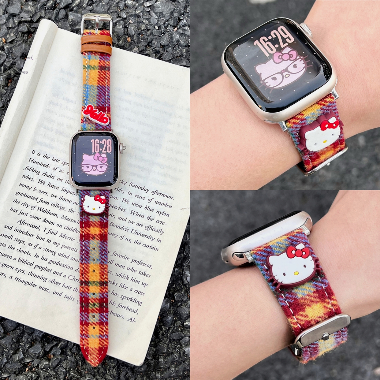 适用苹果手表s10代iwatch硅胶KT猫彩虹毛呢表带applewatch98765se