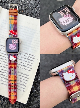 适用苹果手表s11代iwatch硅胶KT猫彩虹毛呢表带applewatch98765se